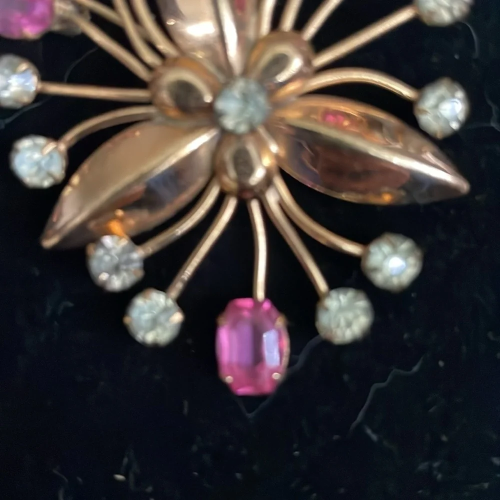 Vintage 10K filled  Gold and Pink rhinestone Floral Brooch